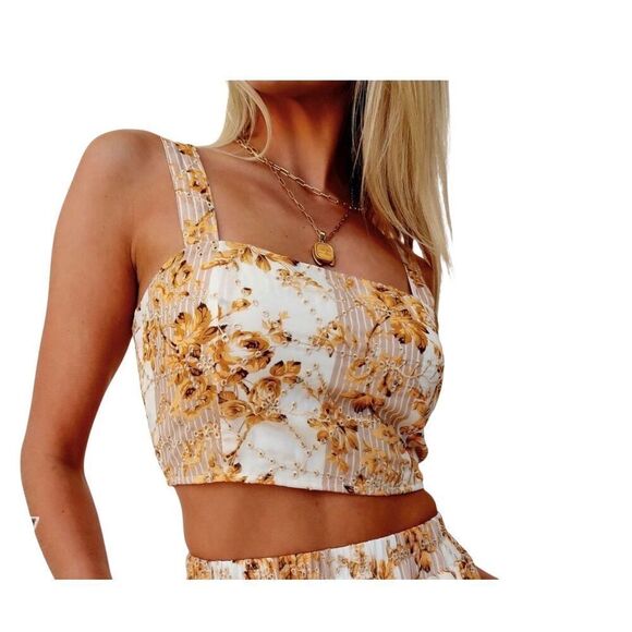 12th Tribe Tops - 12th Tribe Versailles yellow floral cropped tank Medium